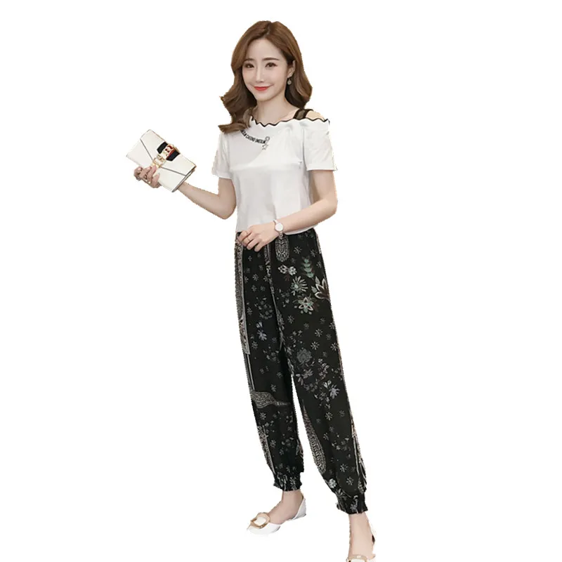 

2019 summer postpartum women lactation suit short sleeve cotton nursing T-shirt fashion printing pants nursing clothes set cute