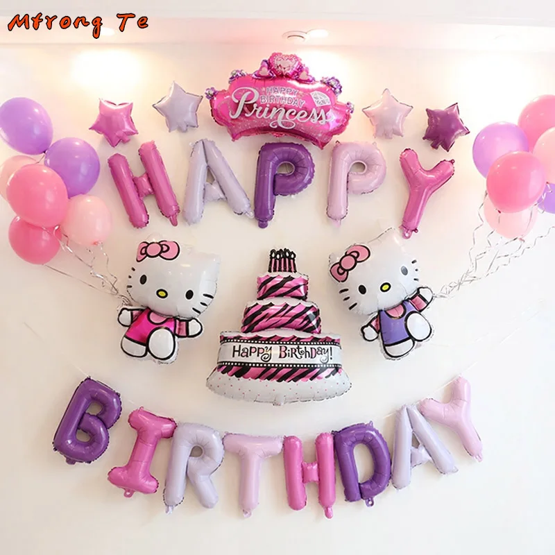 

34pcs/lot Hello Kitty birthday party balloons 16inch letter foil balloons for baby shower 1st girl birthday party Decoration