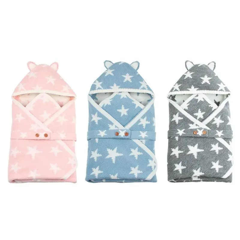 Nouveau-né Cartoon Bear tricot enveloppes enfants mignon étoiles enveloppe hiver à capuche bébé sac de couchage boutons sacs de nuit pour poussette