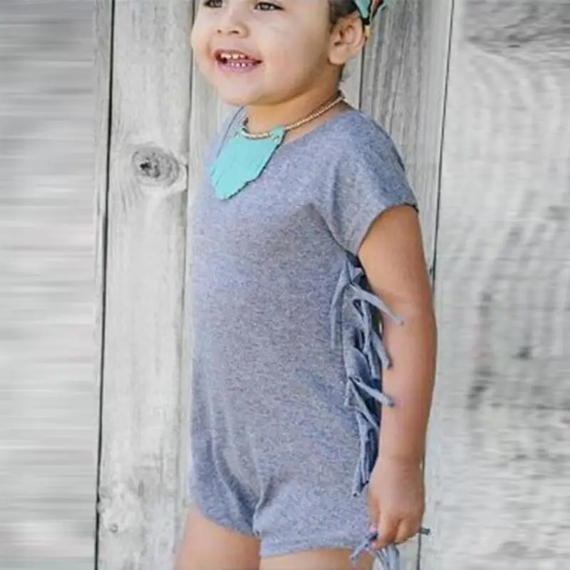 Short Sleeve Baby Rompers Cute Solid Color Tassel Infants Cotton O Neck