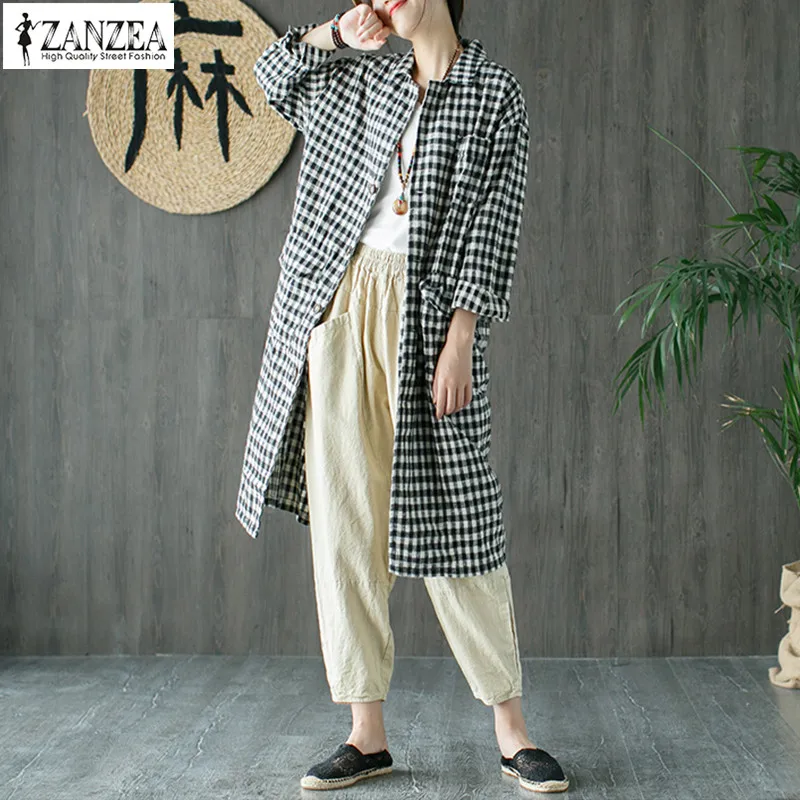 

2019 Spring ZANZEA Oversized Party Long Cardigan Vintage Lapel Long Sleeve Plaid Check Coat Women Casual Loose Jackets Outwear