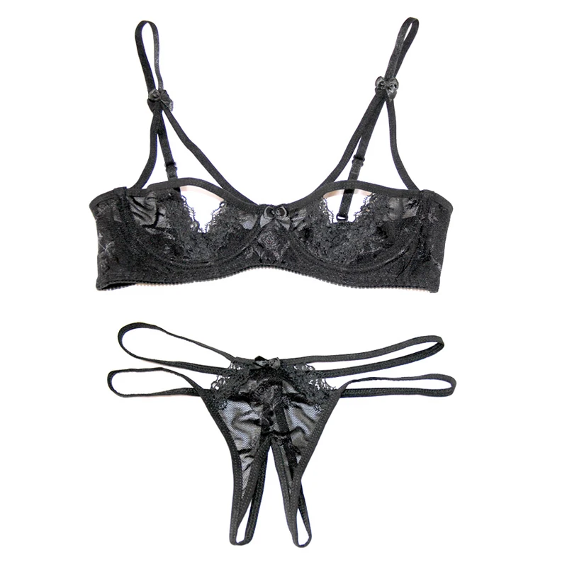 

Ultra Thin Half Cup Lace Push Up Bra and panty Set Three Point Open Crotchl Panties Underwear Set Woman Sexy Shop Lingerie