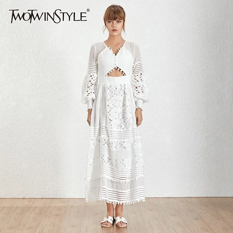 

TWOTWINSTYLE Summer Lace Patchwork Dress Female V Neck Lantern Sleeve Hollow Out Solid A Line Dresses For Women Fashion New 2019