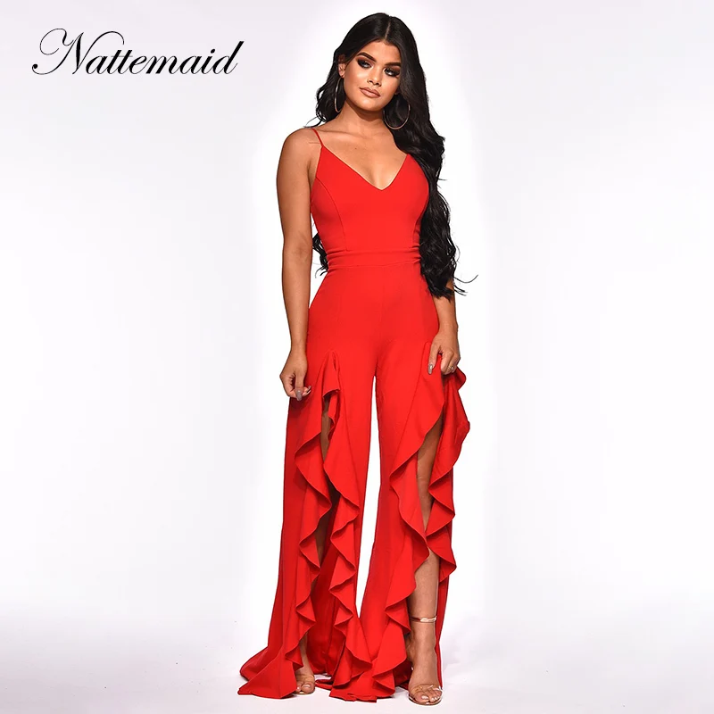 

NATTEMAID Solid Color Red Ruffles Split Sexy Bodysuit Women Sleeveless Backless Casual Rompers Womens Jumpsuit Summer Jumpsuit
