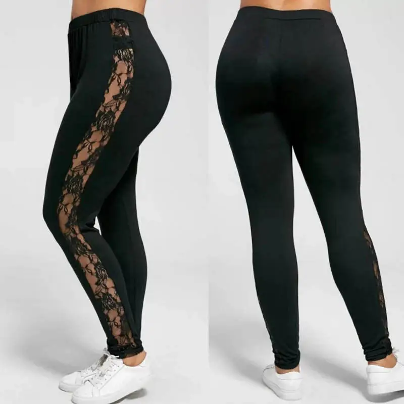 

Sexy Women High Waist Lace Solid Black Insert Sheer Leggings Stretch Elastane Plus Size L-3XL