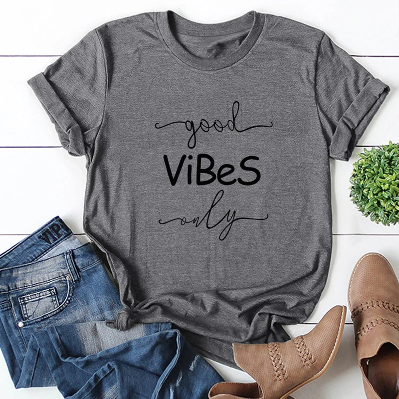 

Harajuku Shirts Women Cotton T-Shirt Vibes Letter Print Short Sleeve O-Neck Loose Tee Tops 2019 Summer Casual tshirts Streetwear