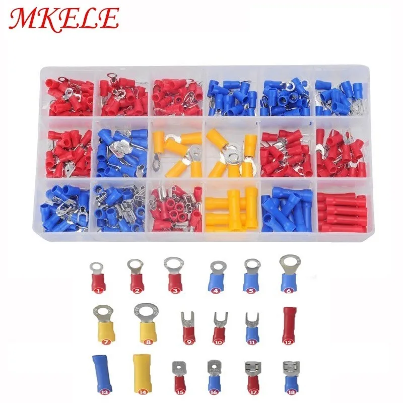 

295Pcs/box 18 Types Insulated Terminals Electrical Crimp Connector Spade Ring Fork Assortment Kit With Box