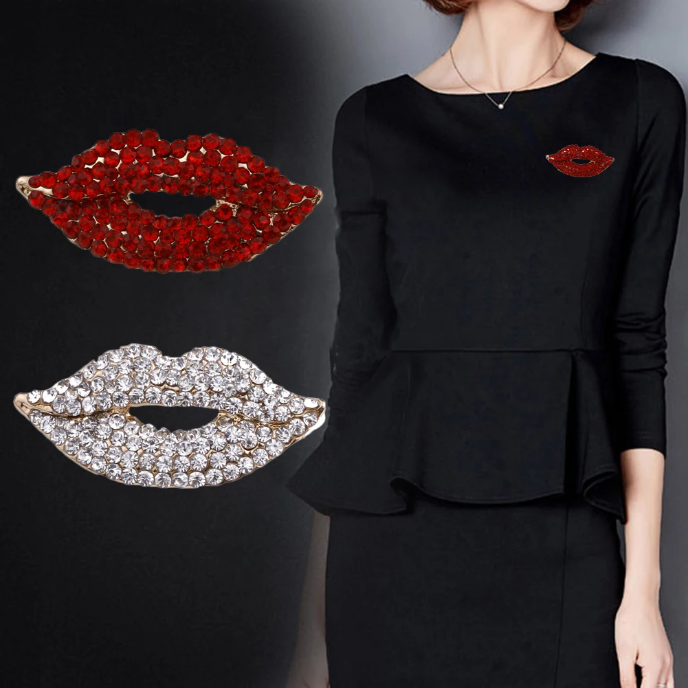 New 2018 T Red Color Rhinestone Lips Brooches For Women Fashion Sexy Mouth Brooch Pin Shining