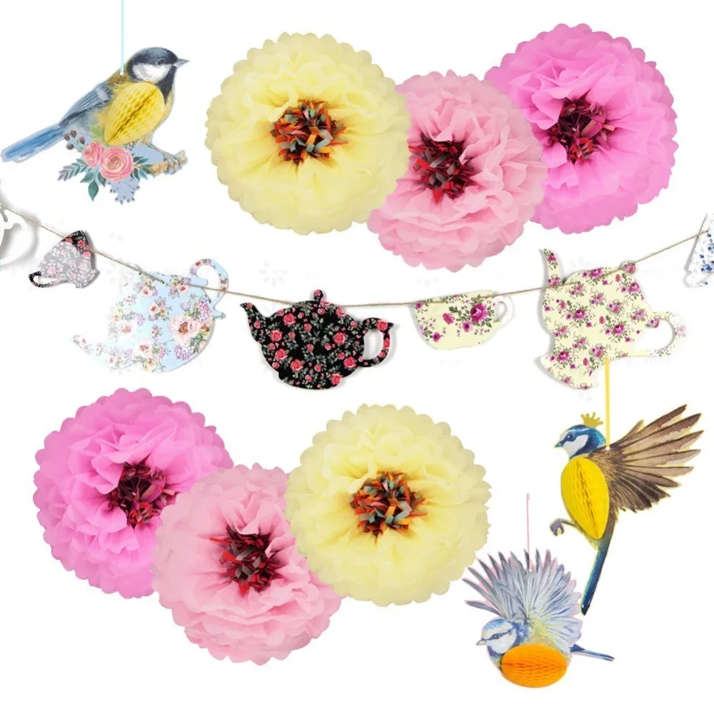 

Spring Tea Party Decorations With Tea Pot Tea Cup Banner Vivid 3D Bird Pom Pom Flowers Birthday After Party Home Garden Decor