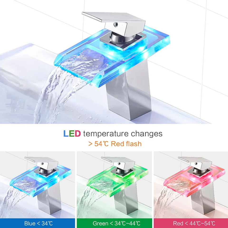 Billige ROVATE LED Becken Wasserhahn Messing Wasserfall Temperatur Farben Ändern Badezimmer Mischbatterie Deck Montiert Waschbecken Waschen Glas Wasserhähne