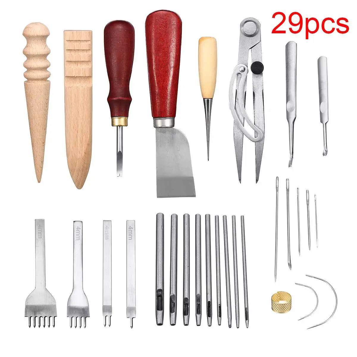 

29PCS/Set Leather Craft Hand Tools Kit Thread Awl Waxed Thimble Kit For Hand Stitching Sewing Stamping Carving Work DIY Tool Set