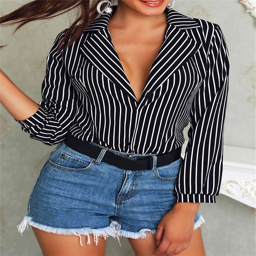 women blouse shirt bouse Women Classic Striped Print Long Sleeve Casual Blouse women Sexy Deep V-Neck blouse