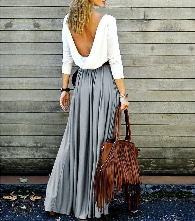 Однотонные модные сексуальные богемные пляжные юбки, плиссированные макси-Юбки Длиной до лодыжки с завышенной талией, Весенняя юбка