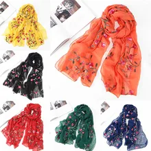 Популярная новинка, новинка для хиджаба, 1 шт., шали, шелковые шарфы, дамские, Цветочная вышивка, шифоновые накидки, пляжные палантины, женский шарф