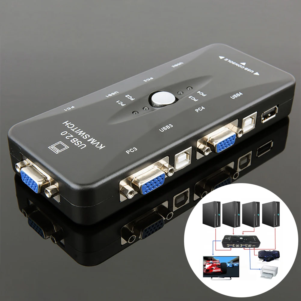 4 Ports USB 2.0 KVM Switch Mouse/Keyboard/Printer/VGA Video Monitor 1920x1440