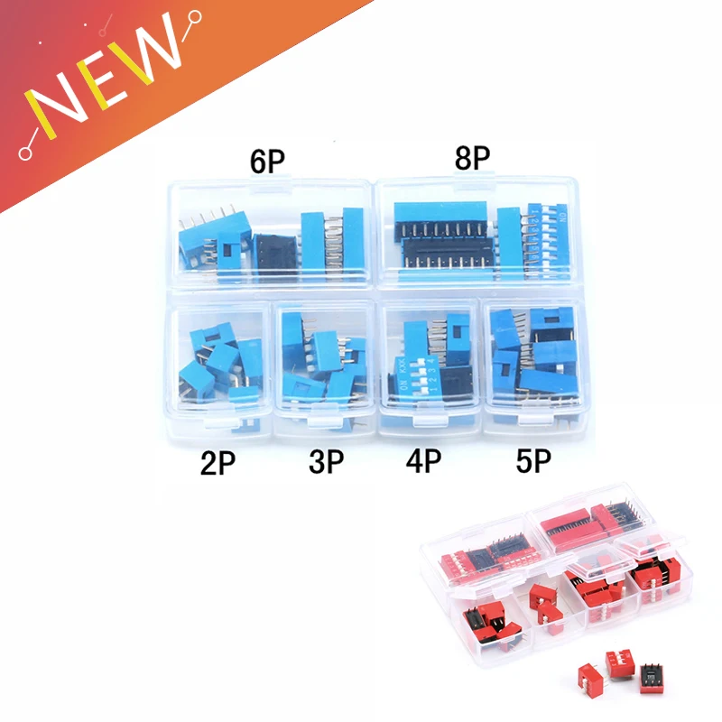 

30PCS/LOT Dip Switch Kit In Box 2 3 4 5 6 8 Way 2.54mm Toggle Switch Red Blue Snap Switches Mixed Kit Each 5PCS Combination Set
