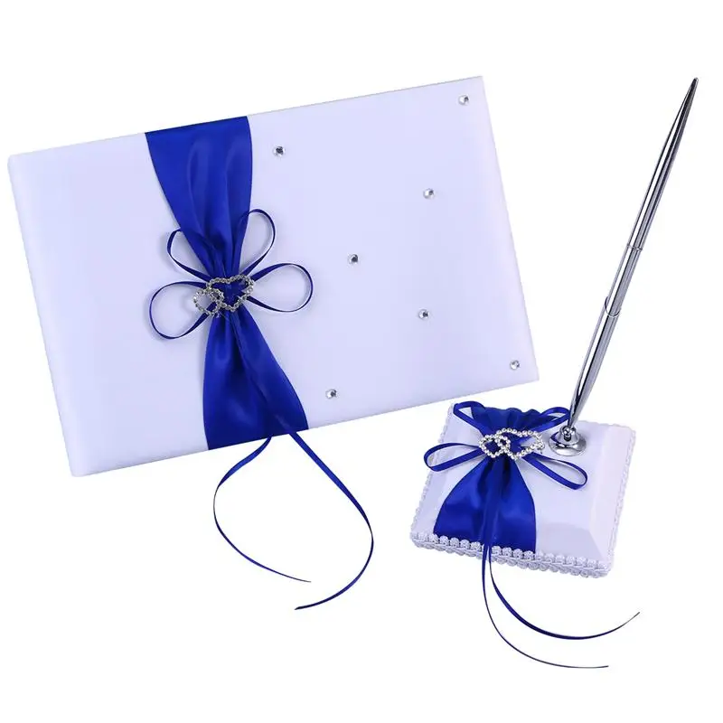 

Weddings Decor Guest Attendance Book with Pen and Pen Stand Sets Satin Bows Signature Book for Party Decorations (Blue)