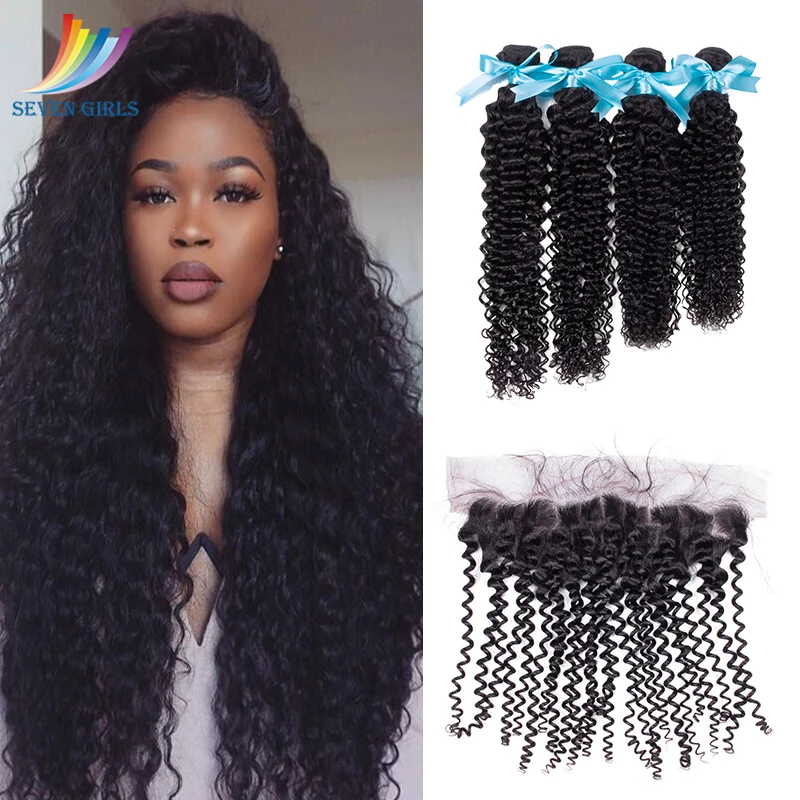 

Sevengirls Natural Color Deep Curly 4Bundles With 13*4 Lace Fronta 10A Peruvian l 100% Virgin Human Hair Raw Hair For Women