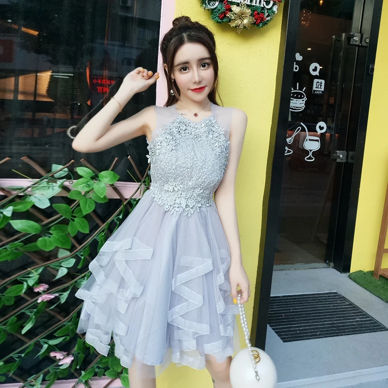 

England style 2018 summer new sweet and elegant mesh yarn beaded fluffy waist princess o-neck sleeveless off the shoulder dress
