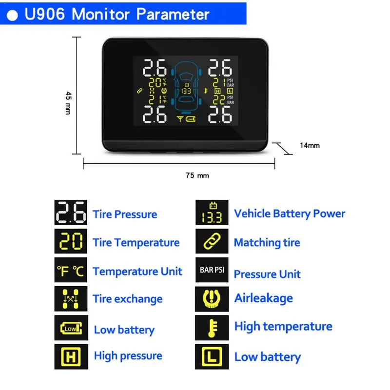 Беспроводная автомобильная система контроля давления в шинах CAREUD U906 TPMS + 4