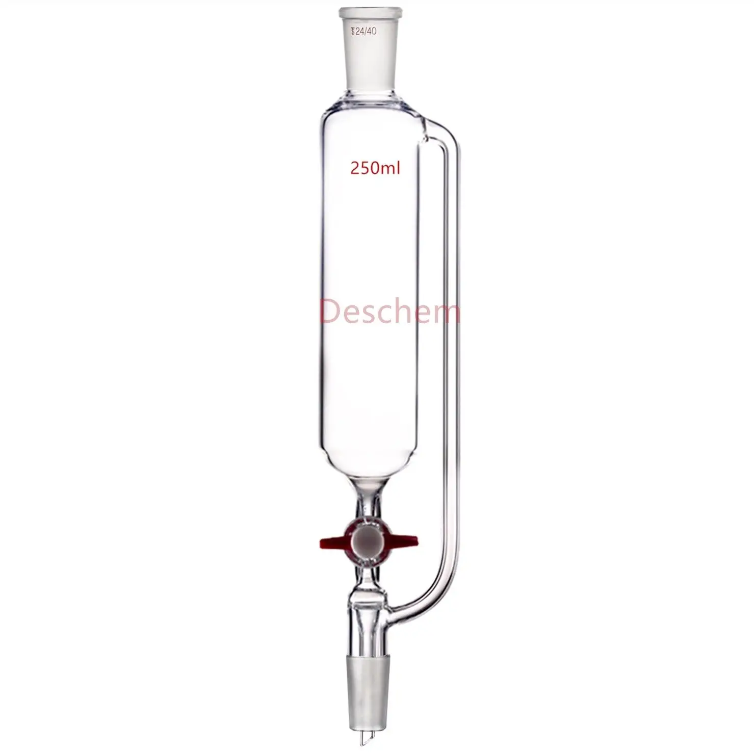 250ml.24/40, 유리 압력 균등화 추가 깔때기, PTFE 스톱콕 포함