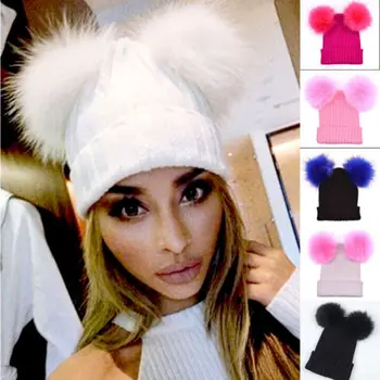 

Winter Women Ladies Knit Warm Knit With Double Fur Pom Pom Cute Crochet Beanie Hats Beanies
