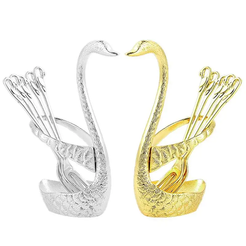 

Stainless Steel Fruit Food Fork Spoon Knife Base Holder Swan Shape Tableware Holder with 3 Dessert Forks Wedding Decoration