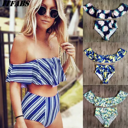 

2019 Two-Pieces Summer Striped Women Bandage High Waist Floral Push-Up Padded Bikini Swimwear Swimsuit Bathing Suit Beachwear