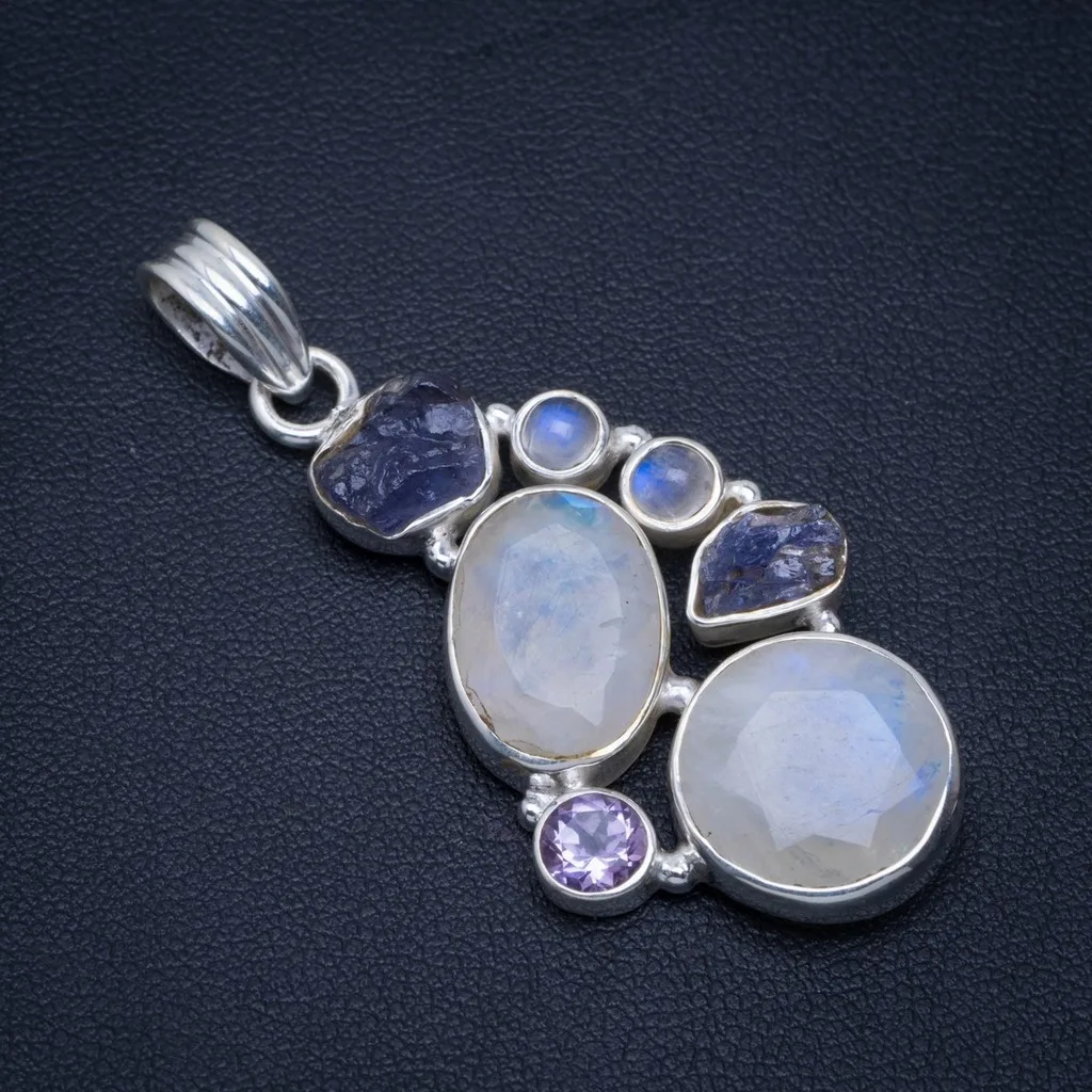 

Natural Rainbow Moonstone,Kyanite and Amethyst Handmade Unique 925 Sterling Silver Pendant 2" A4613