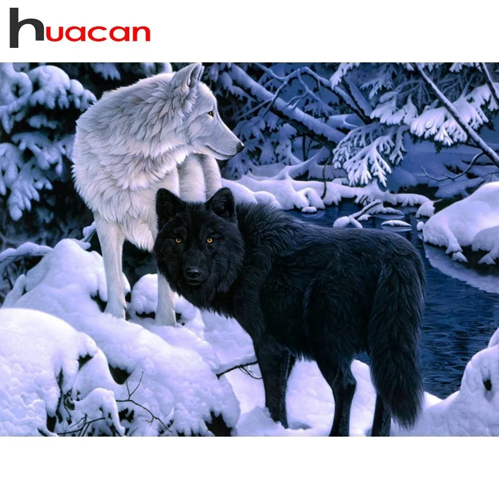 

Huacan Diamond Embroidery Wolf 5D Cross Stitch Diamond Painting Animals Rhinestone Square Full Diamond Mosaic Snow Scenic