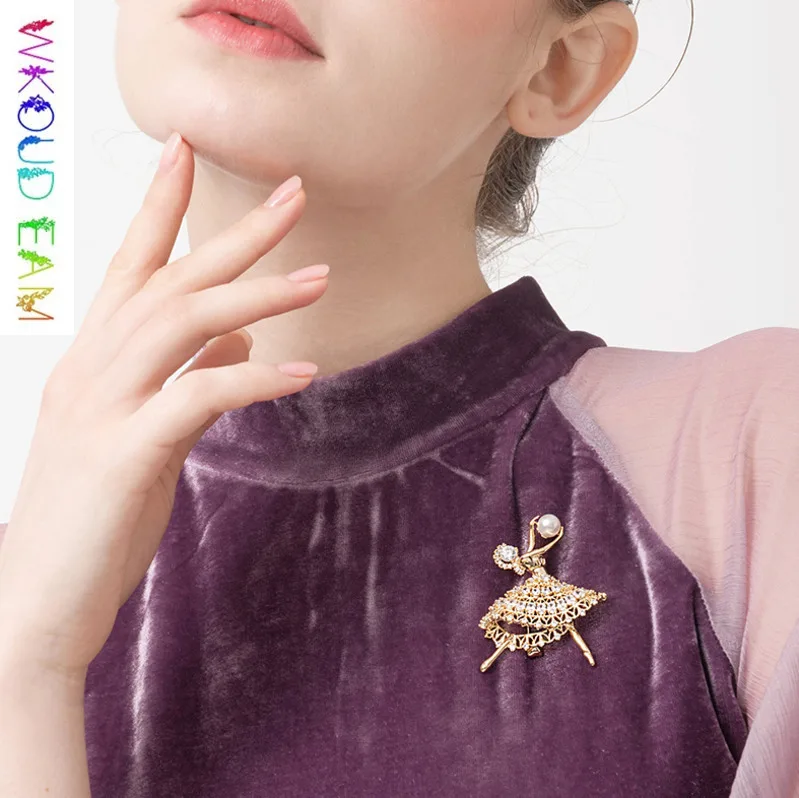 

WKOUD EAM 2019 Fashion Pearl Artificial Crystal Ballet Dancer Brooches For Women Coat Dress Charm Jewelry Figure Corsage S#TA367
