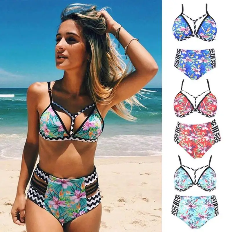 

Bikini Set Sexy Retro Floral Print Women Swimsuit Push Up Backless Bodycon High Elastic Waist Swimwear