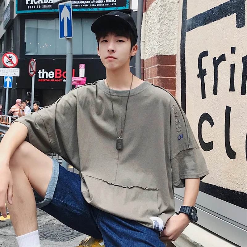 

Men's T-shirt 2019 summer new style solid color short-sleeved embroidered T loose cotton casual personality youth men's wear