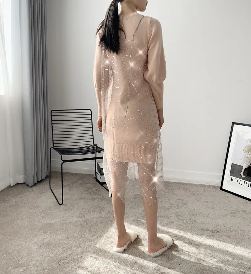 O Lanterne Manches Long Lourd Bretelles Twotwinstyle Printemps De Féminine Robe Deux 2019 Réservoir Perles À Cou Femmes Pink Pièces Costumes Tricoté Longues qXv575wt