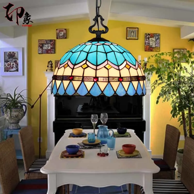 

16inch Tiffany Mediterranean Stained Glass Suspended Luminaire E27 110-240v Chain Pendant Light For Home Parlor Dining Bed Room