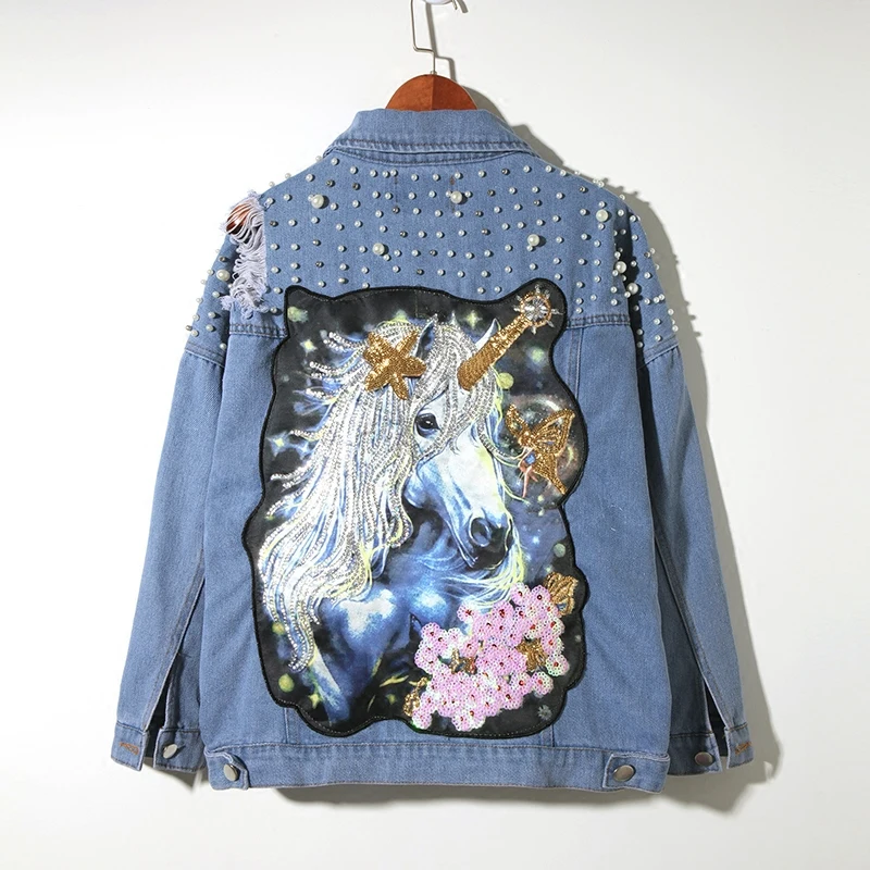 

LYFZOUS Pearl Dotted Unicorn Patch Denim Jacket Women Tearing Hole Sequin Lapel Long Sleeve Jean Coat Autumn Blue Denim Jackets