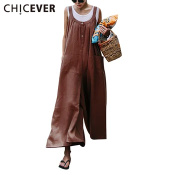 

CHICEVER Suspenders Rompers Womens Jumpsuit Sleeveless linen Summer Overalls Fashion Wide Leg Pants Female Trousers Plus Sizes