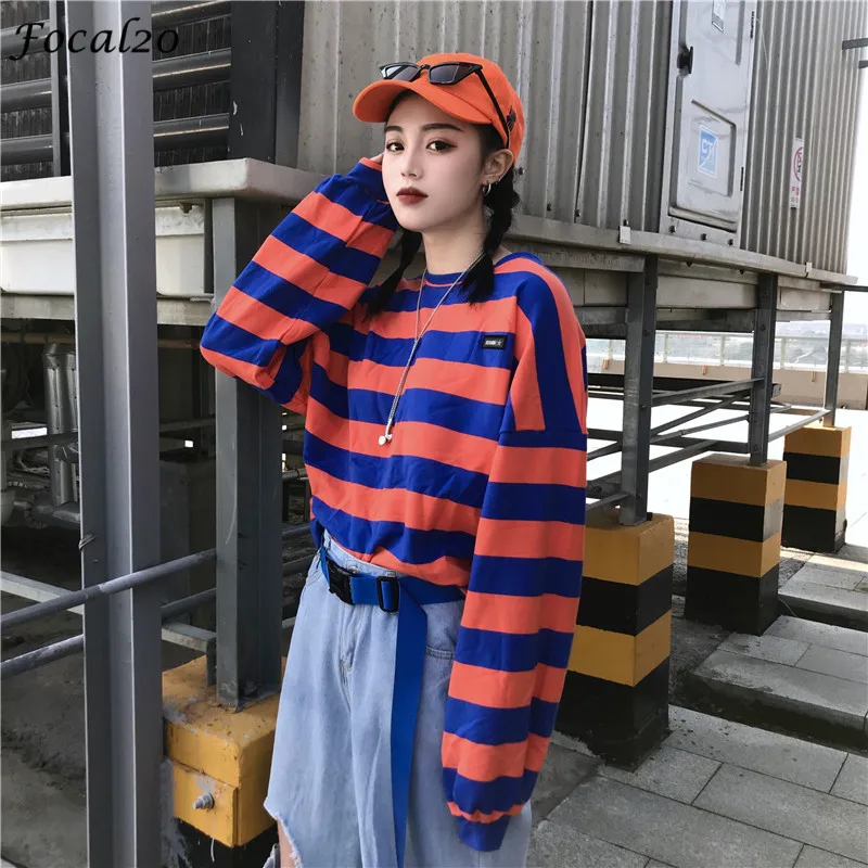 

Focal20 Streetwear Hit Color Striped Women Sweatshirt Long Lantern Sleeve O-neck Female Sweatshirt Oversize Pullover