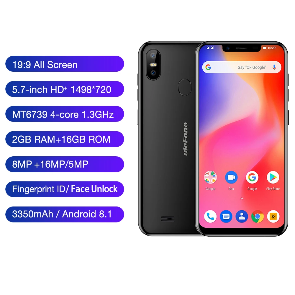 

Ulefone S10 Pro Mobile Phone Android 8.1 Cellphone 5.7 inch MT6739 Quad Core 2GB RAM 16GB ROM 13MP+5MP Face Unlock 4G Smartphone