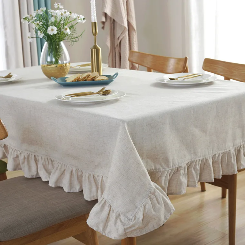  White Ruffles Table Cloth Rectangular Decorative Wedding/Birthday/Party Tablecloth Cotton Linen Tab