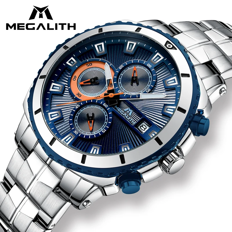 

MEGALITH Men Military Sport Watches Mens Chronograph Analog Watch Waterproof Stainless Steel Quartz Male Clock Relogio Masculino
