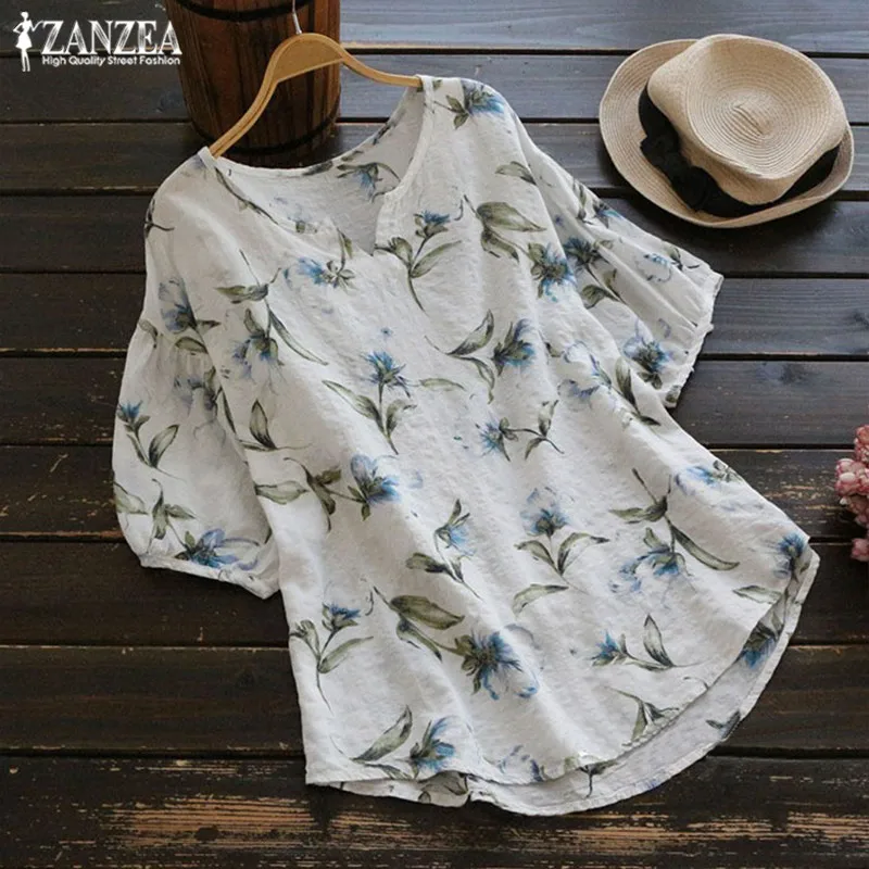 Womens Blouse Shirt Tunic-Top ZANZEA Plus-Size Leeve Blusa Printed Vintage Female Casual