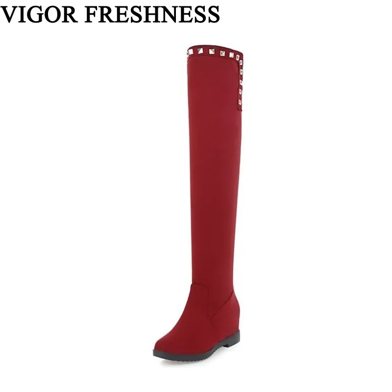 

VIGOR FRESHNESS Brand Winter Women Shoes Height Increasing Boots Over The Knee Elastic Shoes Woman Heels Boots Autumn Rivet MY50