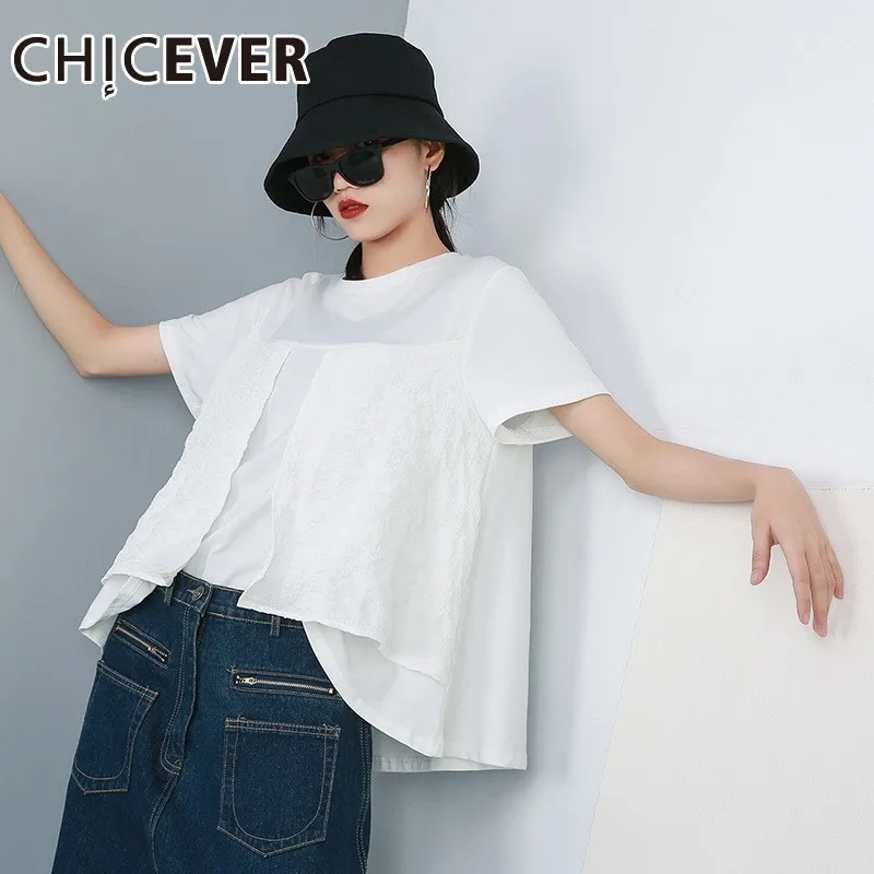 

CHICEVER Spring Women Top Clothing O Neck Short Sleeve Patchwork Irregular Loose Slim Female Pullover T-shirt 2019 Fashion New