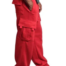 Брюки-шаровары с карманами для мужчин, Утепленные зимние мешковатые джоггеры на завязках, Харадзюку, уличная одежда в стиле хип-хоп, свободные красные спортивные штаны