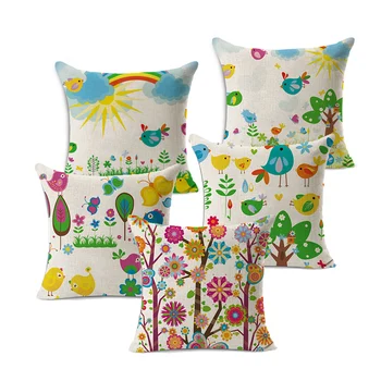 

Rainbow Paradise cartoon birds owl trees printed home decorative cushion cover 45*45 cotton linen pillow cover pillowcase MYJ21