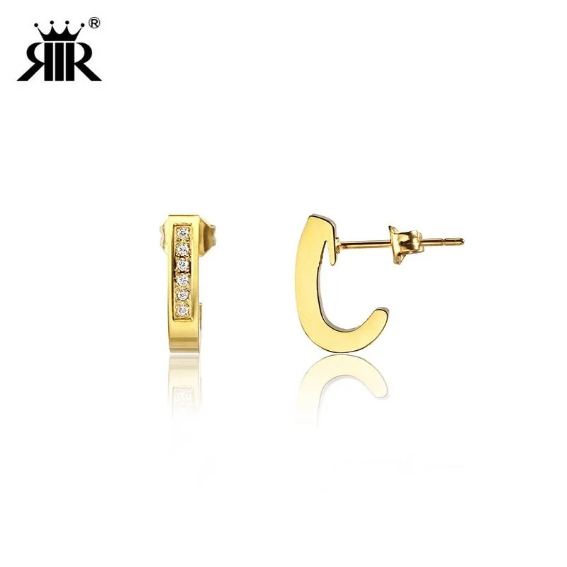

RIR French Fishing Jewelry Silver Letter J Shaped CZ Stone Crystal Earring Fish Hook Studs Earrings Christmas Gift for Wife