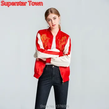 

Women Jacket Stylish Mulan Princess Mushu Dragon Baseball Jacket High Quality Embroidery Outwear New Year Red Jacket Ralph 2 Gif