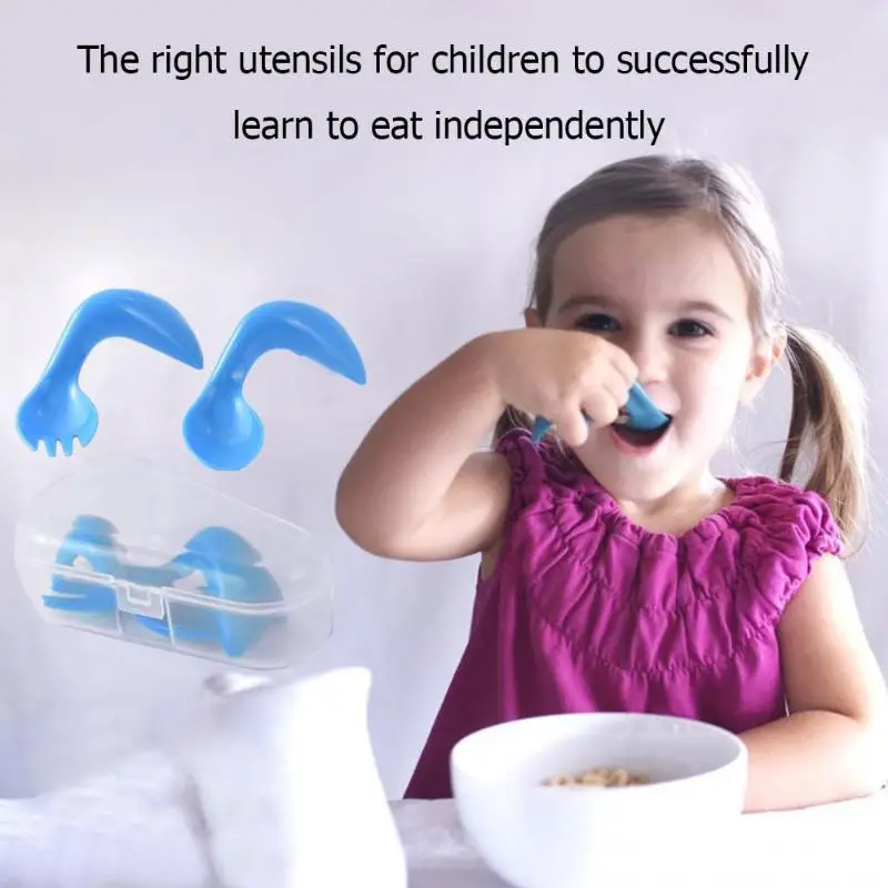 

2pcs Baby Feeding Spoon Fork Curved Handle Eating Training Tableware Set Coloful Convenient Spoon Fork for Baby Kids Feeding