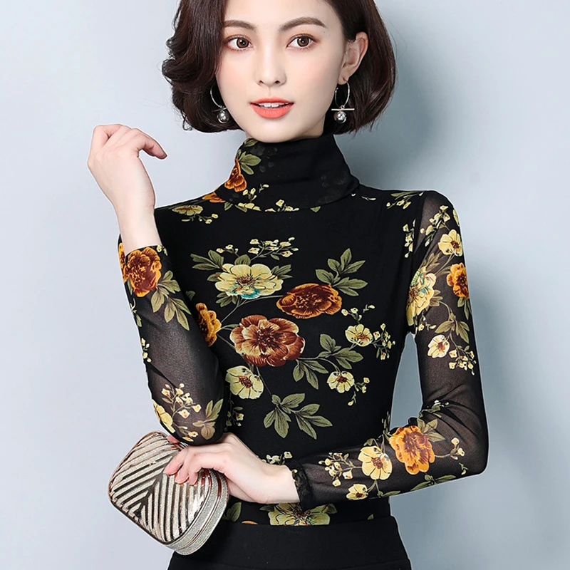 

Women Bottoming Shirt 2019 T-shirt Spring New Printing Stretch Slim Long-sleeved High Collar Polyester Mesh Jacket Female HJ212
